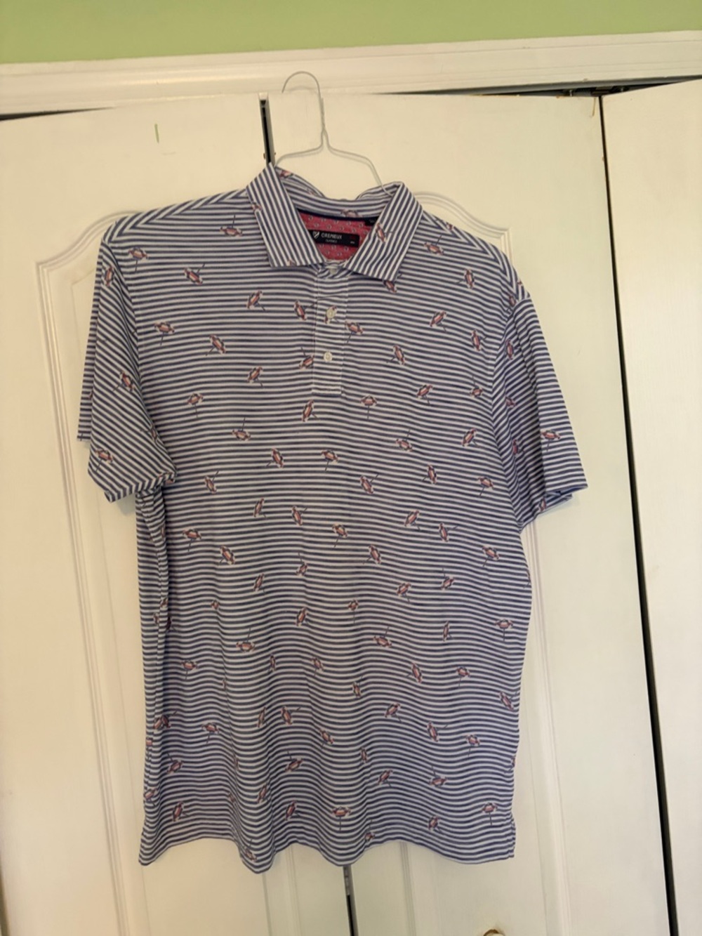 Daniel Cremieux Navy and White Striped Polo with Red Anchor Accents